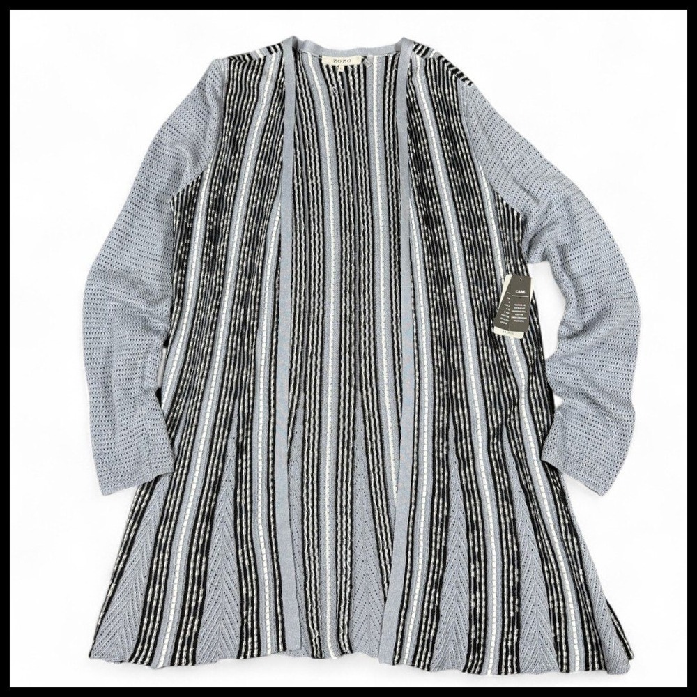 ZOZO NWT Linen Blend Striped Duster Cardigan Black Gray White Womens L Lagenlook